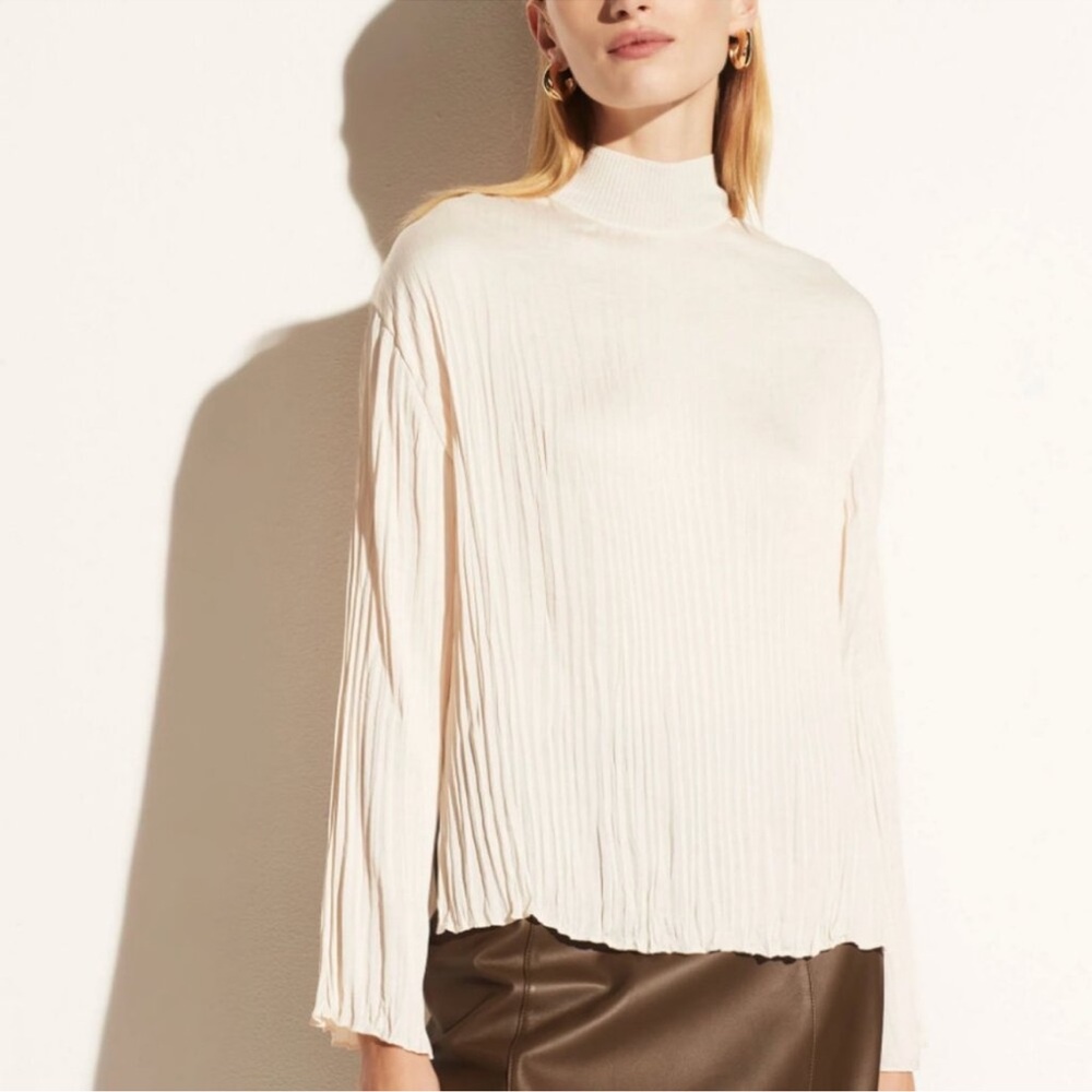 Vince Rib Mock Neck Ribbed Pleated Crushed Satin Long Sleeve Top XL